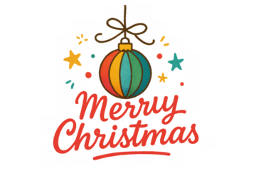 Merry christmas greeting with colorful bauble ornament and festive stars on transparent background