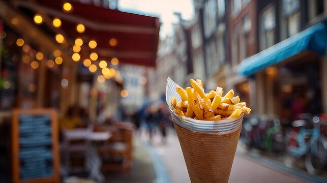 Golden crispy french fries served in a traditional paper cone on a blurred european city street with outdoor cafe lights creating a warm ambiance