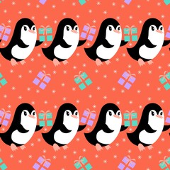 Fototapeta premium Christmas animals seamless penguin pattern for wrapping paper and fabrics and kids print