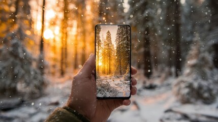 A hand holds a smartphone showing a snow-covered forest with tall trees during golden hour, with real snowflakes falling around.
