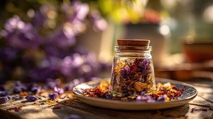 Dried mixed herbs in rustic bowl with red onion and fresh parsley on wooden table