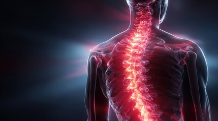Digital rendering of a human upper body showing abnormal spinal curvature and highlighted vertebrae, representing scoliosis or chronic back pain conditions.