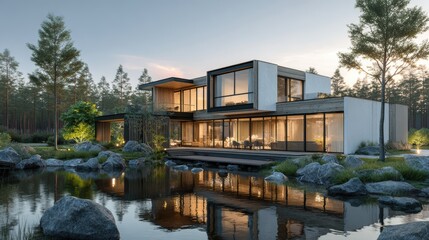 Obraz premium 3d rendering of modern house by the river house, luxury, villa, modern, architecture, building, exterior, residential, property, designer