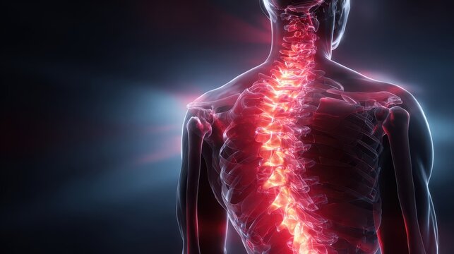 Digital rendering of a human upper body showing abnormal spinal curvature and highlighted vertebrae, representing scoliosis or chronic back pain conditions.