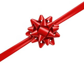 Shiny red gift bow tied on a diagonal satin ribbon isolated on transparent background for holiday present decoration or celebration concept