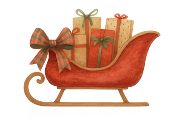 Christmas sleigh carrying presents with a plaid bow, watercolor illustration on a transparent background for holiday designs