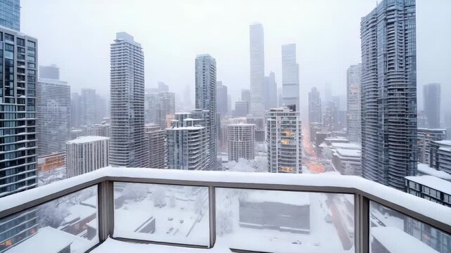 Snow covered balcony overlooking modern highrise city skyline with soft winter morning light serene