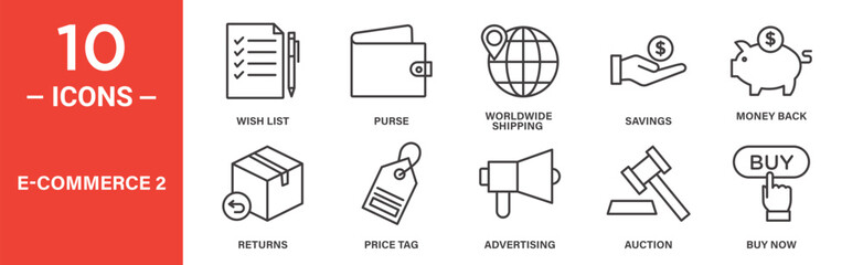 E-commerce icon set. E-commerce vector symbol in black filled and outlined style.