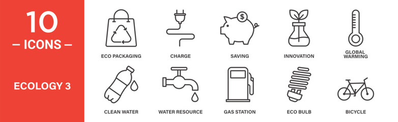 Ecology icon set. Ecology vector symbol in black filled and outlined style.