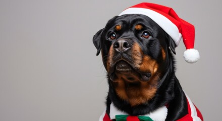 A Rottweiler wearing a Santa Claus hat and outfit, bringing holiday cheer! This dog has a distinctive black and brown coat, the Santa hat gives a festive touch