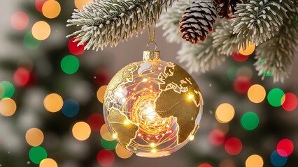 Golden globe christmas ornament hanging on a tree branch
