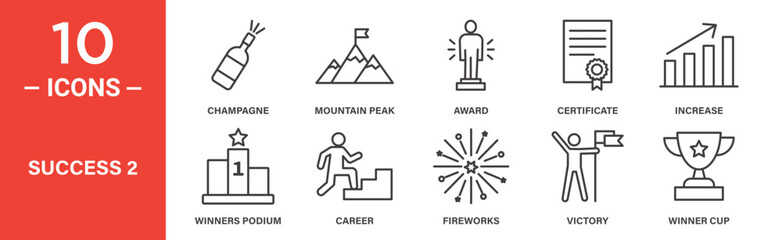 Success icon set. Success vector symbol in black filled and outlined style.