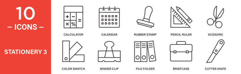 Stationery icon set. Stationery vector symbol in black filled and outlined style.