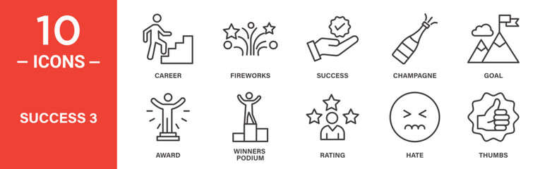 Success icon set. Success vector symbol in black filled and outlined style.