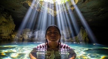 Indigenous Maya woman, eyes closed, meditating in clear, tranquil cave water. Luminous sun rays illuminate dark, sacred, ancient pool, embodying spiritual heritage.