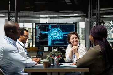 Investors doing meeting in conference room to talk about AI large language models solutions increasing productivity. AI startup boardroom members discussing neural network tech development roadmap