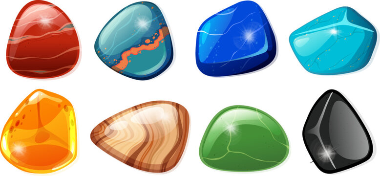 Collection of colorful polished gemstones and minerals with shiny crystals, vibrant textures and smooth shining surfaces