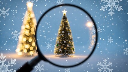 Magnified christmas tree with star on top in snowy landscape