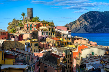Vernazza, the colorful mediterranean village on a scenic hill in Cinque Terre, Italy
