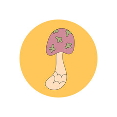 Groovy round sticker with retro mushroom in yellow, perfect as a 70s y2k package seal for any lid. Circle form adds playful style, creative product tag appeal.