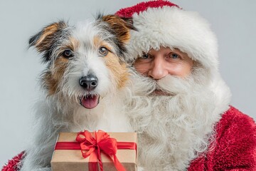Santa Clause and shaggy dog wearing Christmas headband with reindeer antlers holding a gift box, smiling at camera on a white background with copy space. New Year banner. Christmas card. mongrel dog.