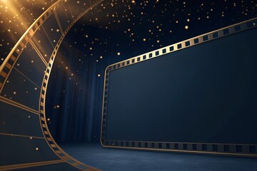 Elegant cinema background with golden film strips and empty screen space. Perfect for movie promotions, trailers, film festivals, streaming platforms, video presentations and cinematic branding.