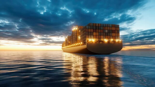 Container ship sunset with glowing deck lights and serene ocean reflection, cargo container glow