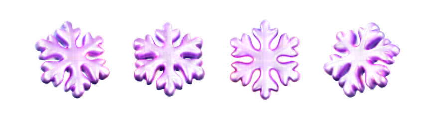 Pink, purple gradient halftone snowflake with dotted texture in retro style isolated on white bg. Vintage print effect winter snowflake Christmas and New Year decors, UI, card, poster. 3D vector icon