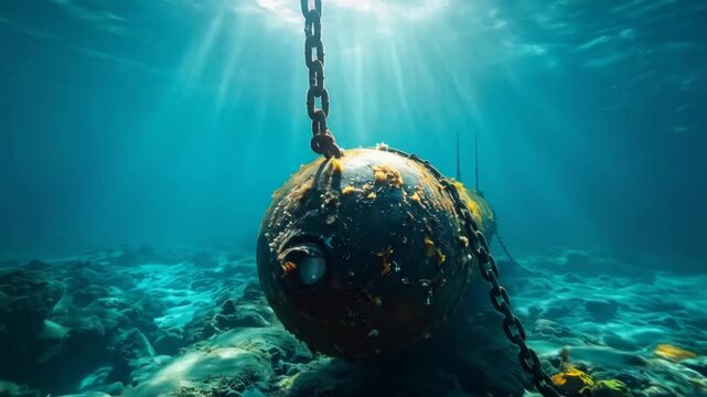 Sunlight Pierces the Deep: Underwater Mine Hanging from Chain in Ocean, Amazing Scene