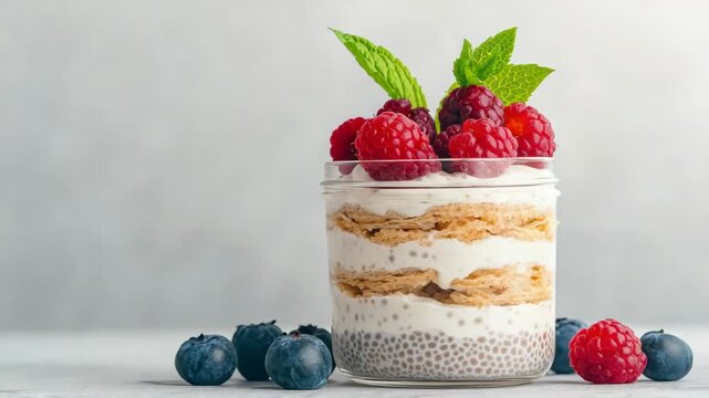 Raspberry chia pudding parfait with yogurt layers, granola, blueberries and fresh mint