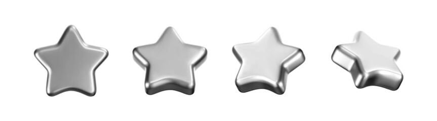 3D silver stars set with chrome effect isolated on white background. Glossy platinum star for Christmas and New Year decoration. Badge for rating, award trophy, achievement, winner reward. 3D vector