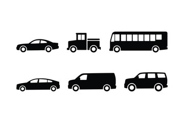 A collection of various vehicle silhouettes for transportation design and icons