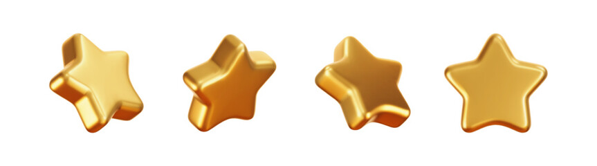 Fototapeta premium Golden 3D star vector set. Glossy realistic metal icons for review, customer feedback, premium award, rating badge, trophy, decoration or quality achievement design. Isolated on dark background.