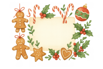 Christmas border with gingerbread cookies, candy canes, holly, and a blank paper for holiday greetings, transparent background