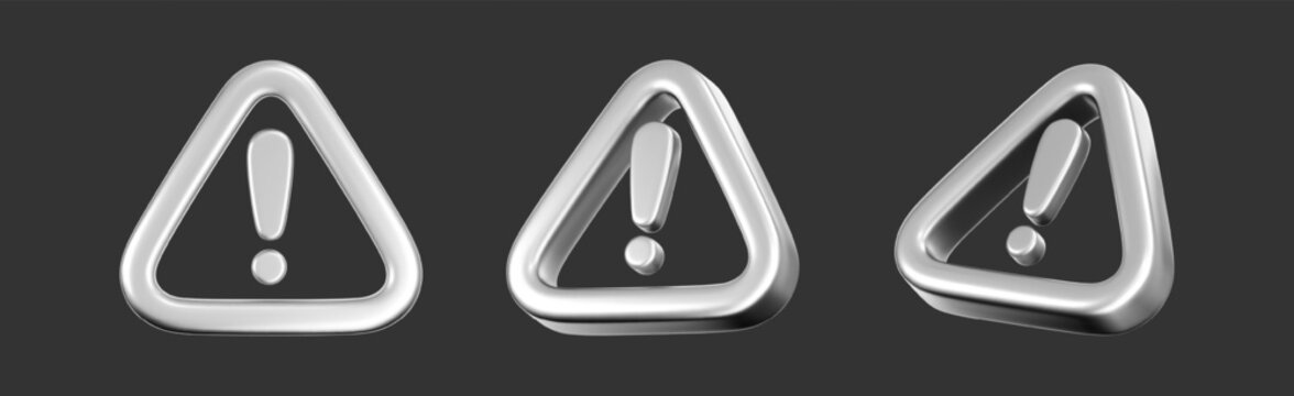 3D silver alert icon set with chrome glow isolated on dark bg. Render of triangle sign cyber risk, scam, fraud, hacker attack. Tech warning mark for caution, danger, exclamation and hazard. 3D vector