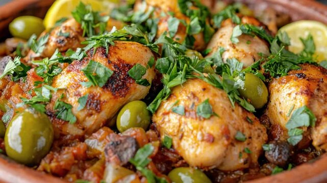 Moroccan roasted chicken tagine braised with olives, lemon and fresh parsley, warm savory aroma