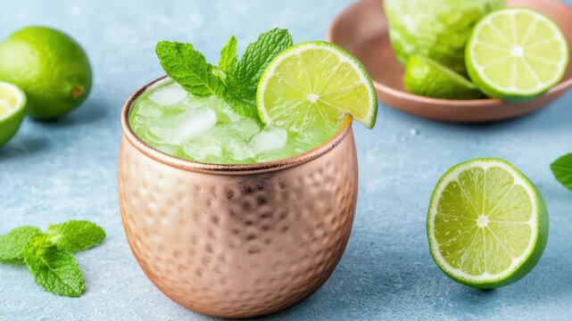 Refreshing lime mint cocktail in hammered copper mug with ice and lime slice garnish