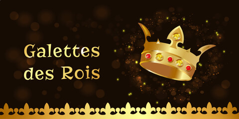 Festive Galette des Rois poster featuring a golden royal crown with sparkling gems on a dark background, perfect for Epiphany celebrations, bakery promotions, and holiday designs