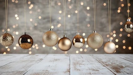 Gold ornament christmas ornament bauble hanging decoration bokeh wooden table golden christmas - Powered by Adobe
