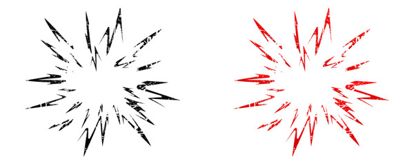 Explosion burst grunge and distressed graphics set featuring jagged, radial shapes with textured overlay, perfect for creating edgy, urban, punk, or aggressive design effects and backgrounds.