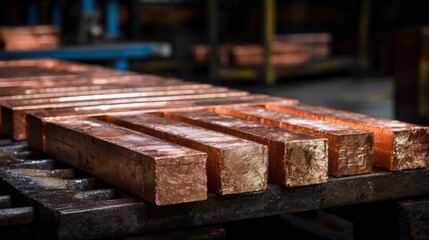 Medium shot of freshly cast copper bars cooling on a metal rack in an industrial foundry environment.