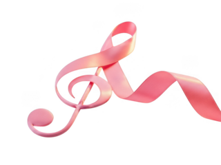 Pink ribbon shaped like a treble clef symbol representing breast cancer awareness in music isolated on transparent background