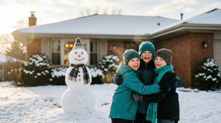 Children share a joyful winter hug before a snowman in a glowing suburban yard.