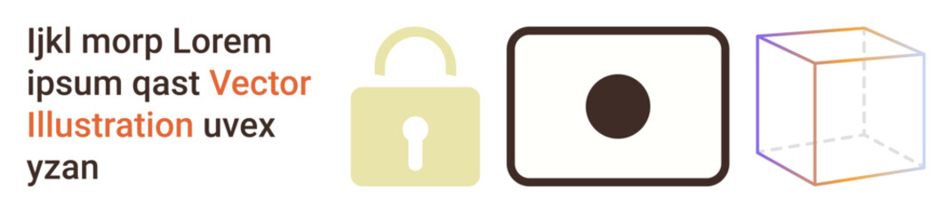 Data security, minimalism, geometry, technology, design concepts, and digital protection. Visual elements include a lock, square shape and 3D-style cube. Data security and geometry