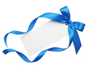 Blank white gift tag or label tied with a vibrant blue satin ribbon and bow, isolated on transparent background for copy space