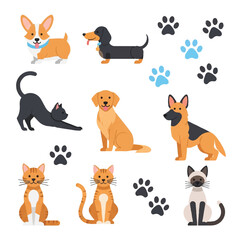 Fototapeta premium Collection of various dog and cat breeds with paw prints.