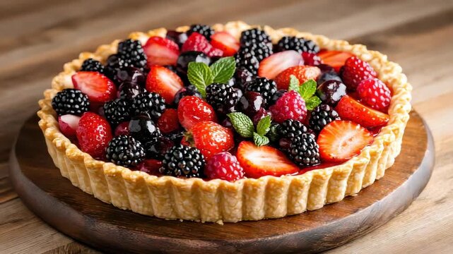 Summer mixed berry tart pastry with glazed strawberry, blackberry, raspberry and mint garnish