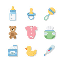 Collection of baby essentials including a bottle pacifier rattle teddy bear onesie diapers baby powder rubber duck and thermometer.
