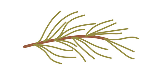 Flat cardboard pine branch ornament with green decoration in holiday style. Christmas plant accent for winter gift or kraft box. Simple graphic decor uses branch and ornament for seasonal