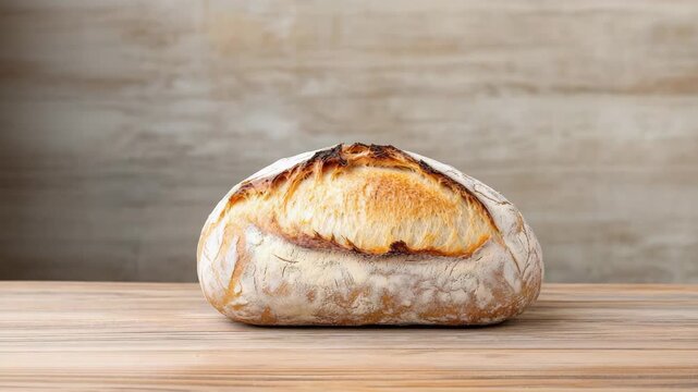 Rustic artisanal sourdough loaf with golden crust on wooden table, warm bread texture and charm